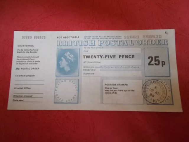 British postal order with cf- QEII,  25p, 19th August 1989, Southgate, HampdenSq