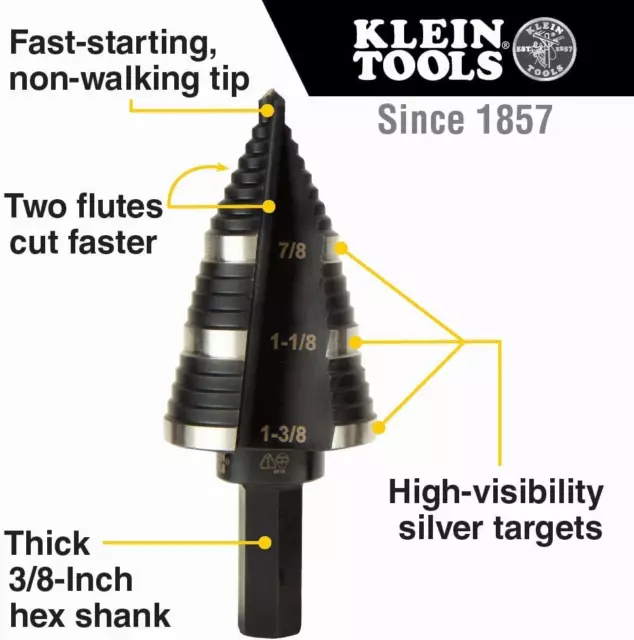 Klein Tools KTSB15 Step Drill Bit #15 Double Fluted 7/8 to 1-3/8-Inch with Easy- 3