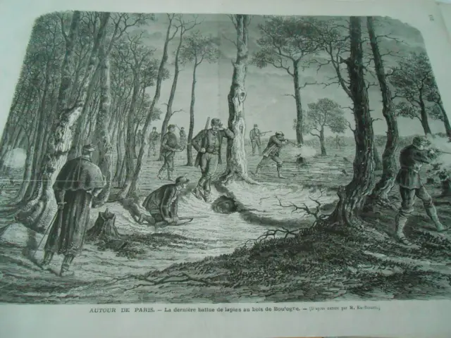Gravure 1873 - Paris la dernière battue de lapins au bois de boulogne