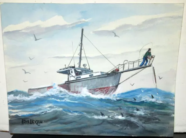 William (Bill) Paxton "Harpooning Tuna Maine Coast" Watercolor Seascape Painting