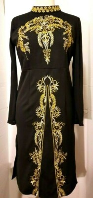 Vicky and Lucas Designer Dress Sz M Black - Metallic Gold Embroidery VL5959 NEW