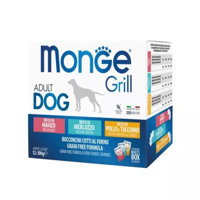 MONGE Grill Adult Dog Chicken And Turkey, Beef, Cod - Food For Dogs 12 X 100 G