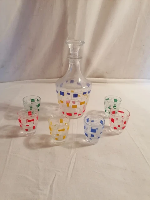 Ancien Service à Liqueur Carafe en Verre et 6 Verres Vintage