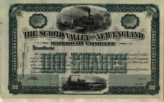 Scioto Valley & New England Railroad Company Stock Certificate Columbus Ohio