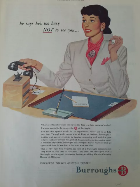 1949 Burroughs adding machine company representative secretary vintage ad