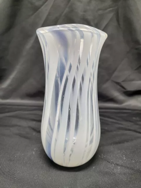 Vintage Hand Blown Art Glass White/Blue Swirl Vase 17cm tall signed J Walsh 83