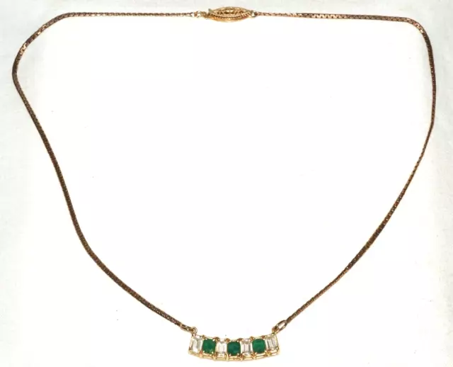 Vintage 14k Yellow Gold Necklace w. Bar Pendant 3x Emeralds & 4x CZ's (GoB) #29