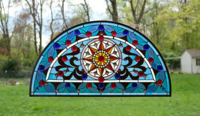 Handcrafted stained glass window Half Round Glass panel, 34"L x 18"H
