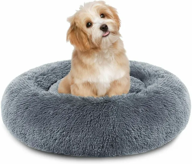 Donut Plush Pet Dog Cat Bed Fluffy Soft Warm Puppy Calming Bed Kennel Nest, Grey 7