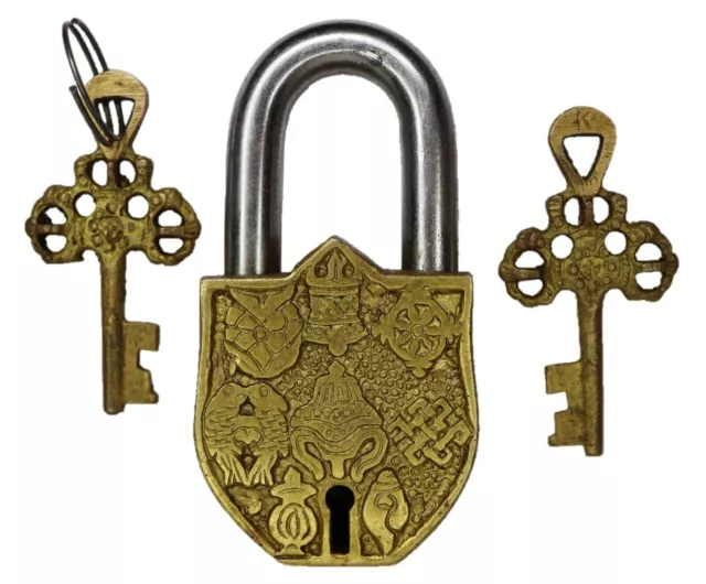 Ashta Lakshmi Engraved Vintage Antique Style Padlock Handmade Brass Door Lock