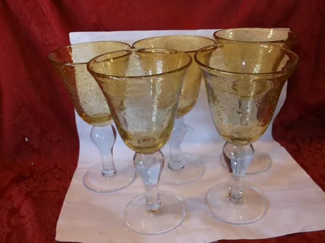 5 Artland Iris Hand Blown AMBER Bubble Glass 8.25" Water Wine Goblets 12 OZ.