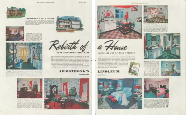 1953 Armstrong's Linoleum Rebirth of A House Every Room Homes Print Ad 2 Page