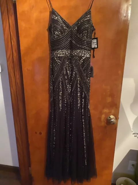 Marina Beaded V-Neck Gown Prom/Formal Black Beaded Dress Size 8 NWT