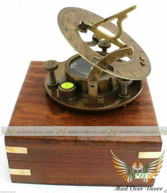 Nautical Maritime London Brass Sundial Compass With Wooden Box Collectible Gift