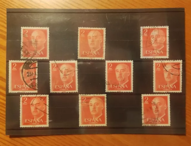 Lote De 10 Sellos Usados De 2 Pesetas De Franco Rojo (1955)