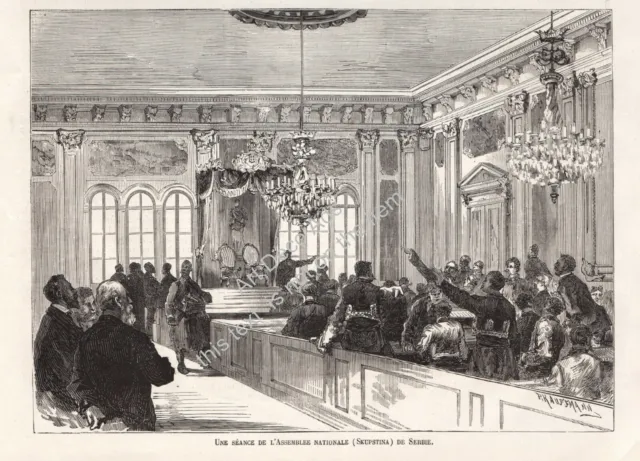 SERBIE SERBIA SRBIJA A session in Parliament Skupština Gravure  Engraving 1876