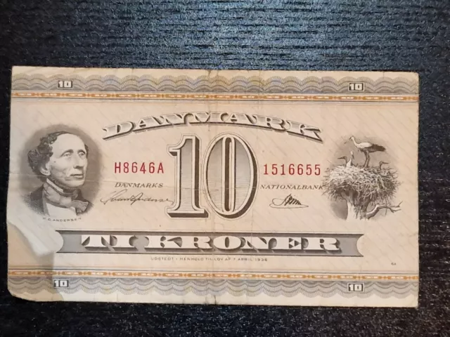 Geldschein Dänemark 1936 10 Kroner