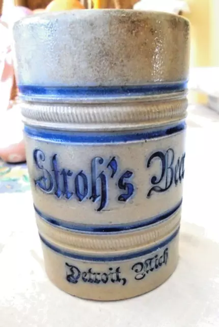 Antique Pre Prohibition Stoneware "Stroh's Beer, Detroit, Mich" White's Utica