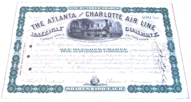 1919 Atlanta & Charlotte Air Line Railway One Hundred Shares Stock Certificate