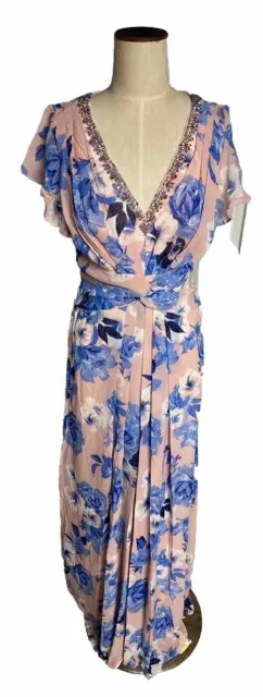 Eliza J Women's Floral Print Embellished Flutter-Sleeve Gown Dress 8 Pink Blue