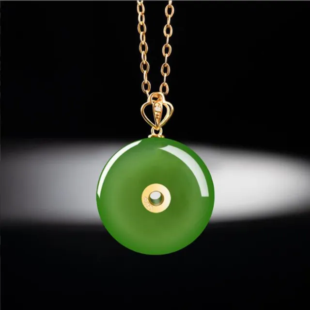 Certified Natural Green HeTian Nephrite Jade 18K Gold Circle Pendant Necklace