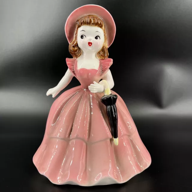 Vintage Napco Figurine Planter Girl Black Umbrella Brunette Pink Dress Ceramic