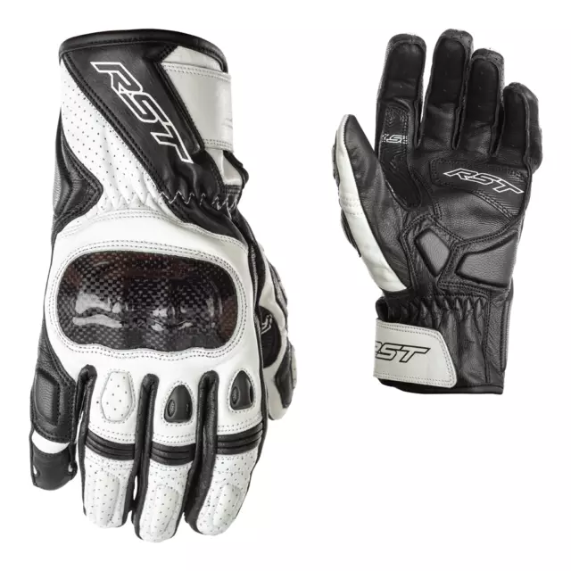 RST Stunt III CE Leather Mid Cuff Sports Motorcycle Motorbike Gloves Black White