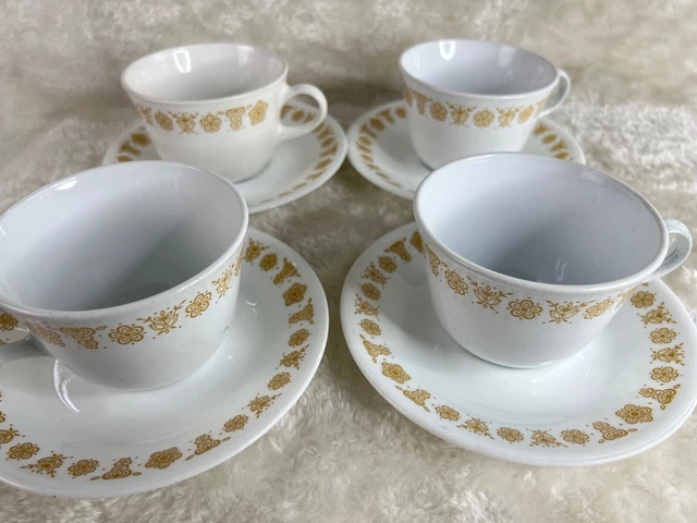 Vintage Pyrex And Corelle Butterfly Gold Tea Cups and Saucers Set of 4 Coffee