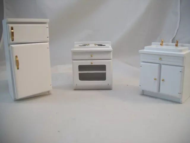 Kitchen Set  White T0517 dollhouse miniature 3pc 1/12 scale wood furniture