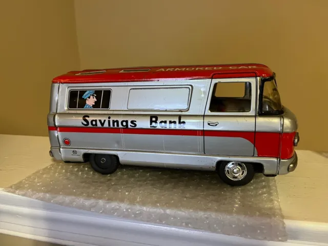 Vintage Hayashi Tin Litho ARMORED CAR SAVINGS BANK 1960s Japan Friction Cragston