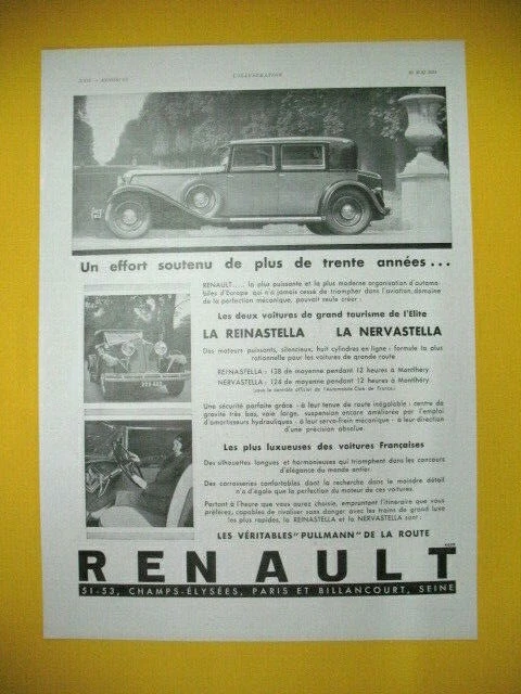 Publicite De Presse Renault Automobile Reinastella Et Nervastella Tourisme 1931