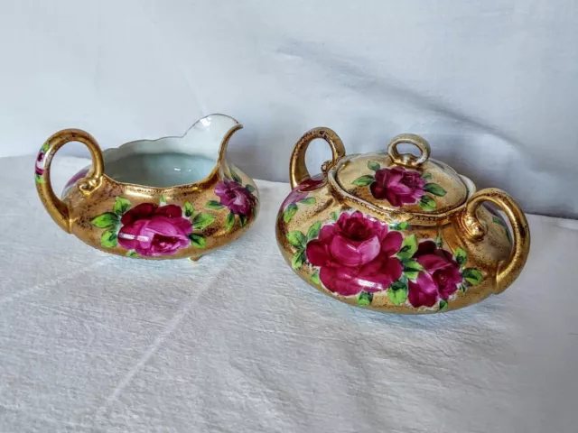 Antique Nippon Sugar w/Lid & Creamer Pink Floral & Raised Gold Trim Royal Kinran