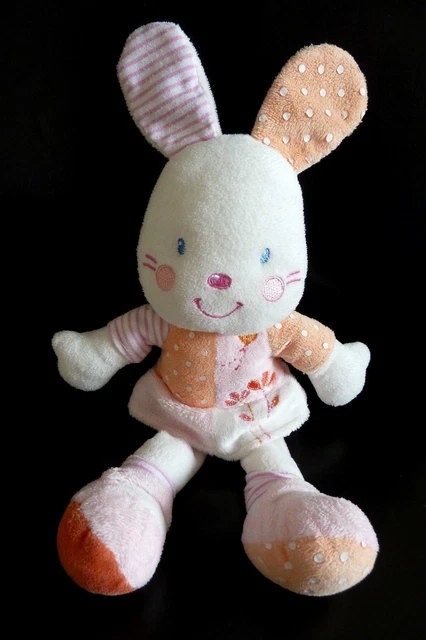 *. DOUDOU PELUCHE KIABI NICOTOY LAPIN robe blanc rose orange pois 26cm - TBE