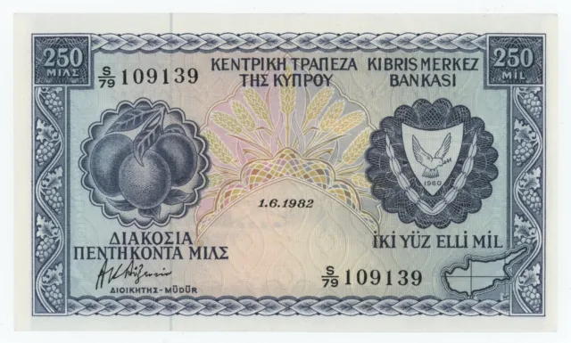 Cyprus 250 Mils 1-6-1982 Pick 41.c aUNC Almost Uncirculated Banknote
