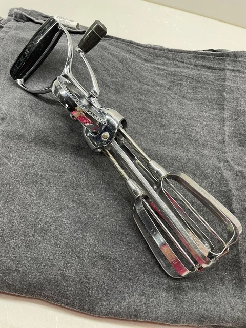 Vintage EKCO Egg Beater Hand Held Crank Mixer Stainless Steel Black Handle