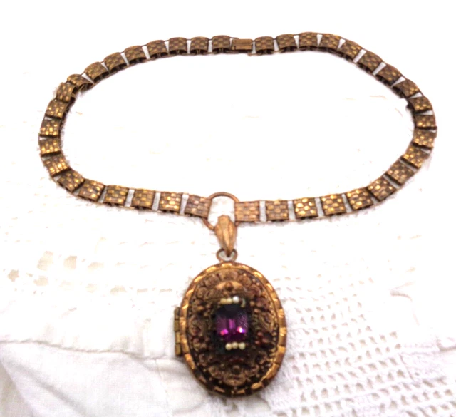 Vintage Brass BOOK CHAIN Purple Rhinestone Antique LOCKET NECKLACE Vintage Brass BOOK CHAIN Purple Rhinestone Antique LOCKET NECKLACE