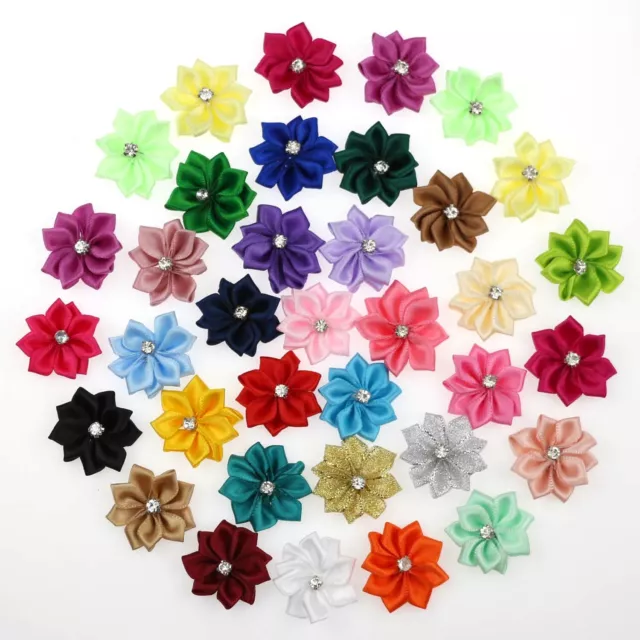 Mini Satin Ribbon Flower Diamond Appliques Craft Wedding Party Sewing DIY Decor