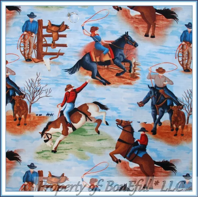 BonEful Fabric FQ Cotton Quilt Country US Western CowBoy Girl Horse Rodeo Scenic