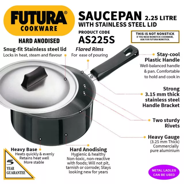 Futura Hard Anodised Saucepan/Milk/Tea/Soup Pan 2.5 Ltr 18cm With Lid Cookware 2