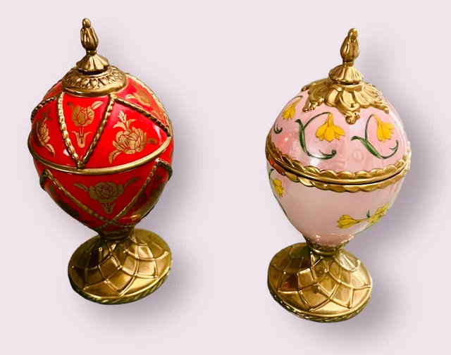 2 VINTAGE RARE Porcelain House of Faberge Musical Eggs Rose Narcissus