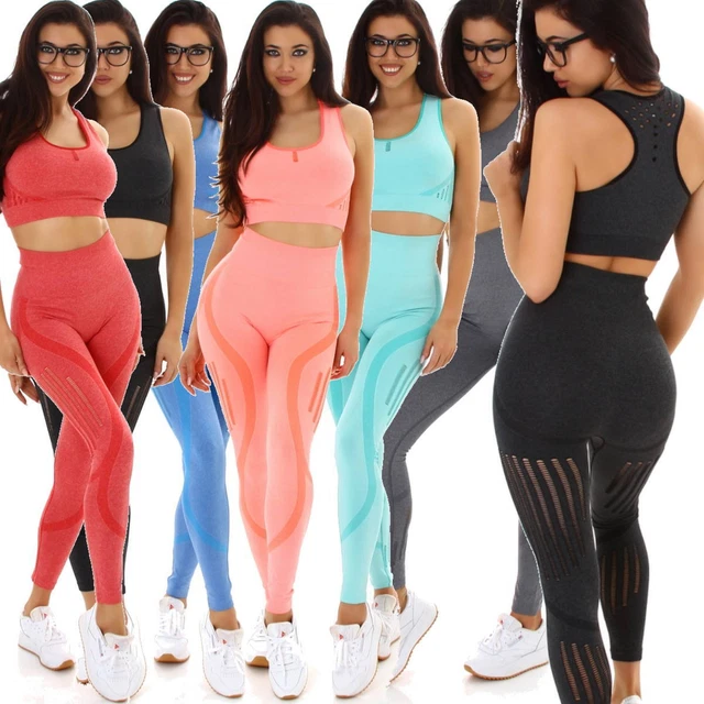 Donna Fitness Kit Sport-Set Due Pezzi Crop-Top High-Waist Leggings Sexy 34 36