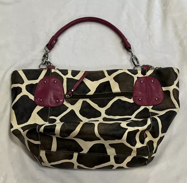 Yik Fung Large Black And White Animal Print Giraffe Pattern Bag  Pink Handle