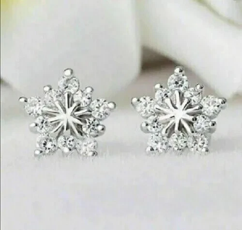 2 Ct Round Simulated Diamond Women Snowflake Stud Earrings 14K White Gold Plated