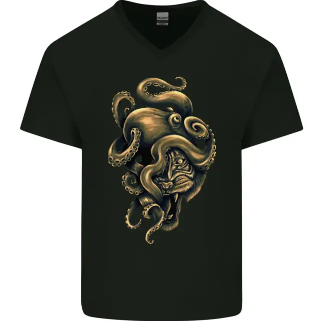 T-shirt da uomo Octiger Octopus Kraken Cthulhu Tiger collo a V cotone
