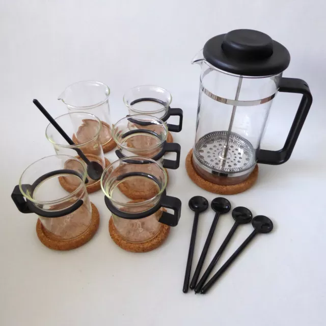 Boxed vintage Bodum Bistro set coffee cafetiere & 4 glass cups black 1980s K1590