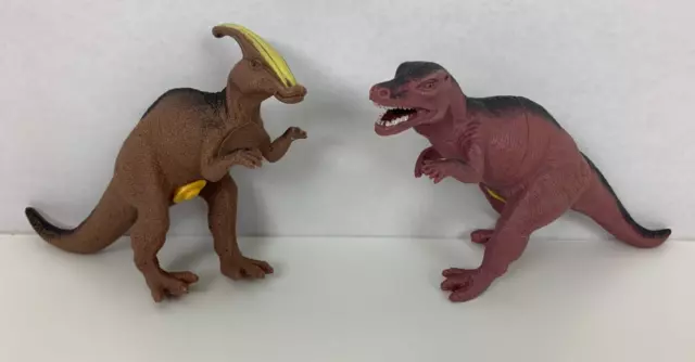 Vintage Dinosaurs Toy LOT 2 Figures T-Rex Plastic Yellow Roar Buttons AS IS