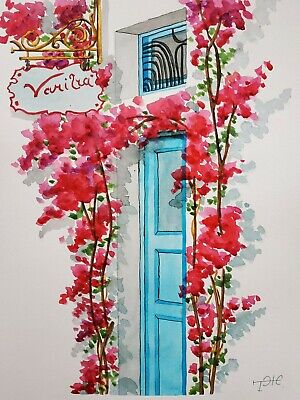 Blue Door with Bougainvillea Painting Watercolor Original Art Large Watercolor