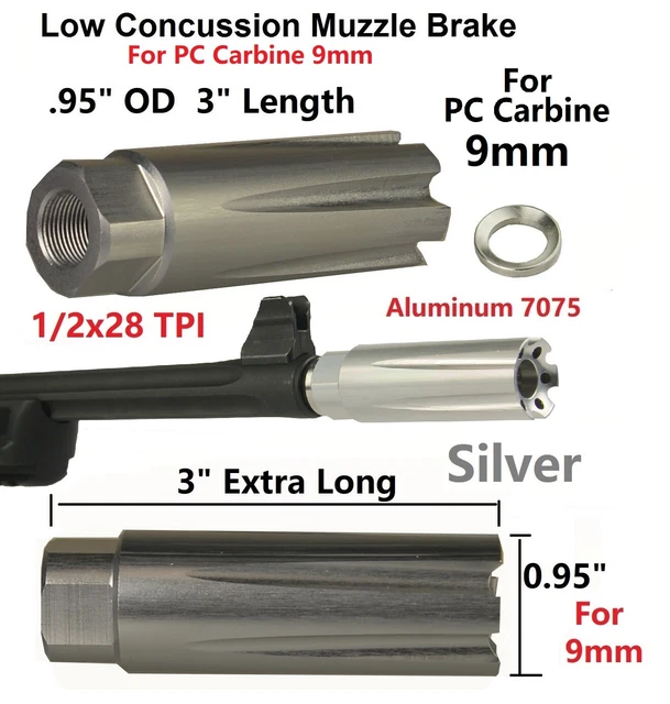 Low Concussion Muzzle Brake For Ruger PC Carbine 9mm - 4.5" Extra Long, 1/2x28 Thread, Reduces Recoil 7 thumbnail image