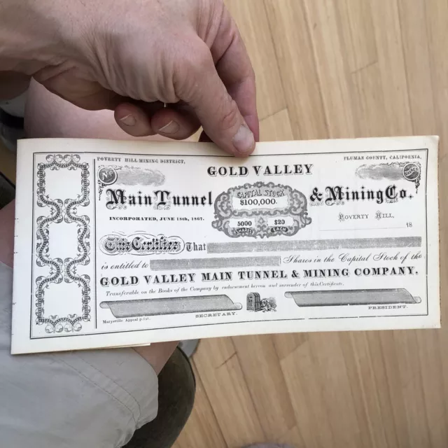 Rare 1860’s Gold Valley Main Tunnel & Mining Co. STOCK CERTIFICATE California