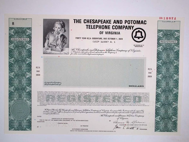 Chesapeake & Potomac Telephone Co. 1989 $Odd Specimen 8 3/8% Registered Bond